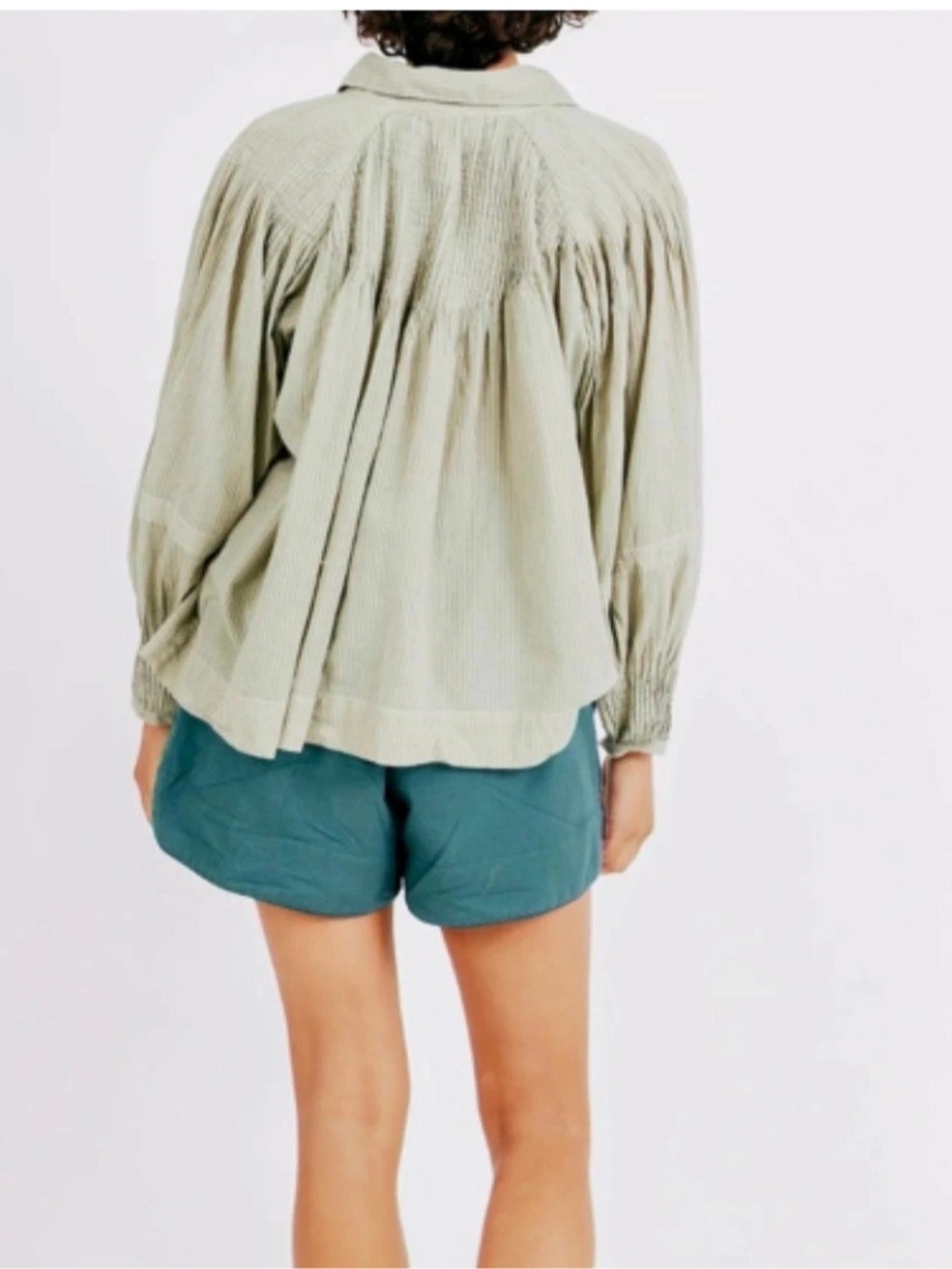 Mirth Kerala Top Small Handmade Cotton Long Sleeve Pintuck Balloon Sleeve Sage - Picture 2 of 10